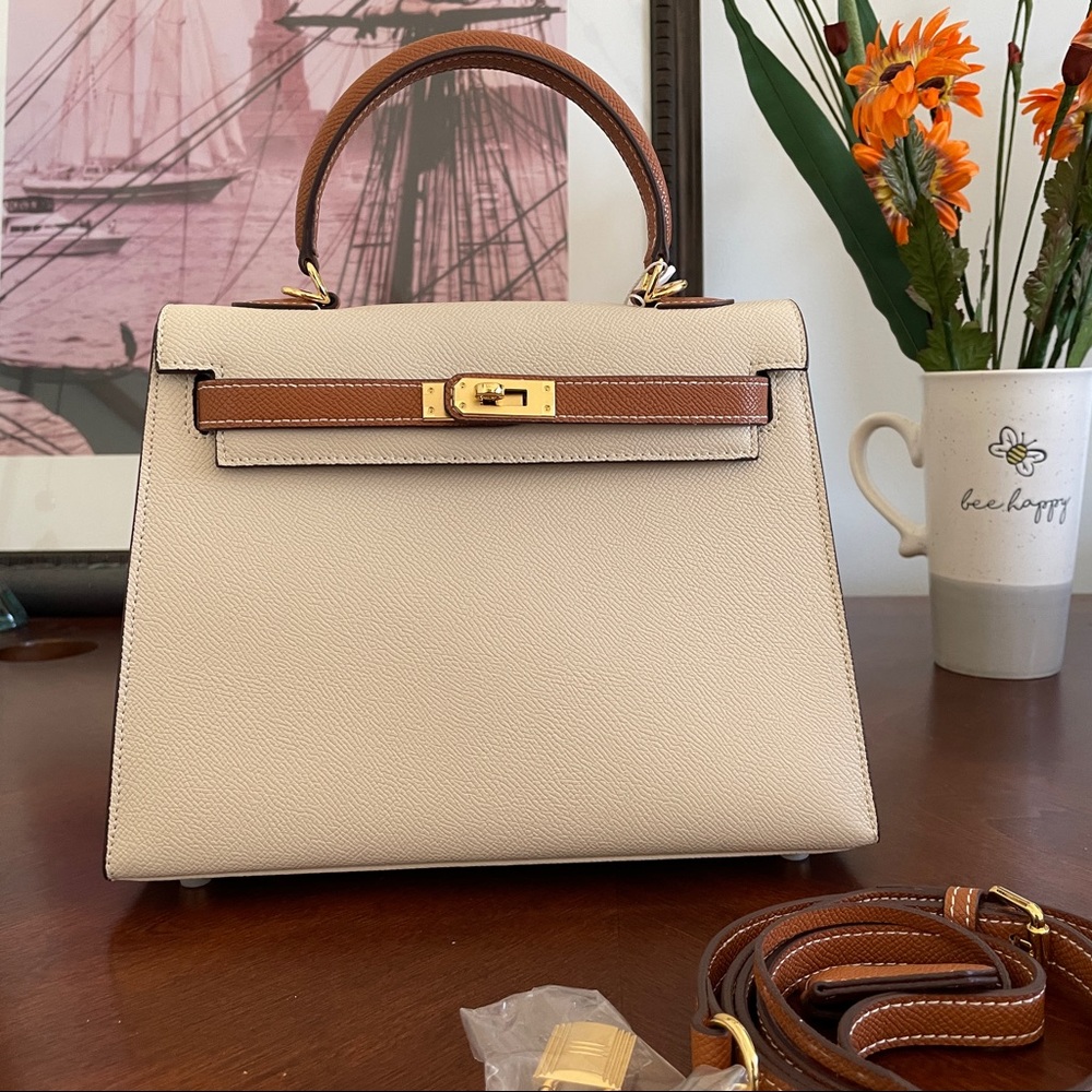 Top handle shoulder/crossbody Kelly style leather bag